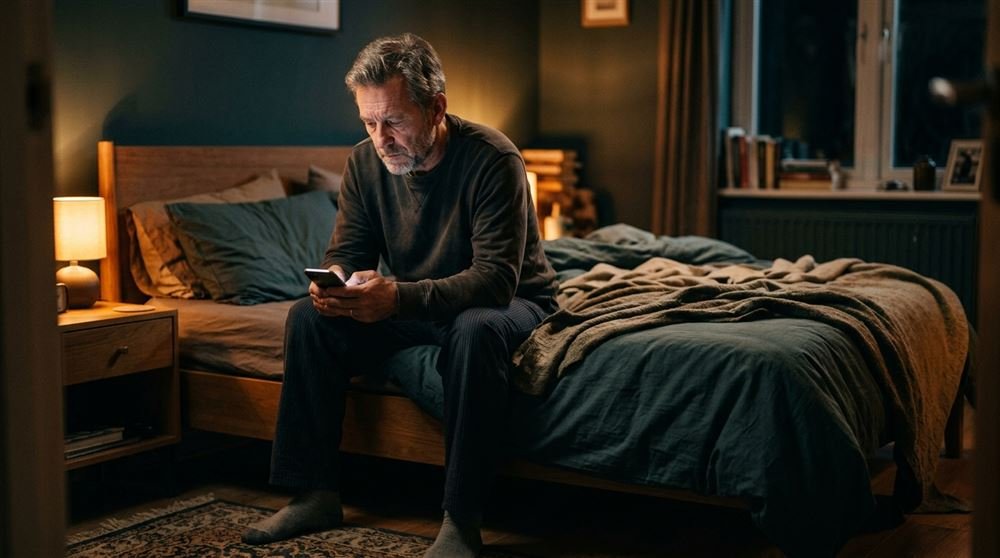 Man in his fifties sitting on the edge of his bed at night, looking at his phone unable to sleep