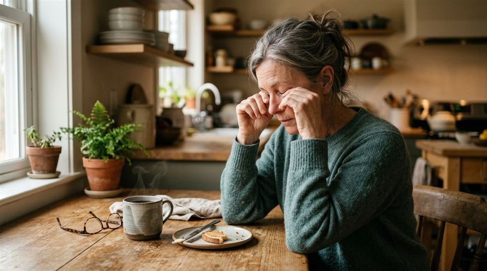 Woman in her fifties rubbing her eyes at the kitchen table in the morning, looking tired
