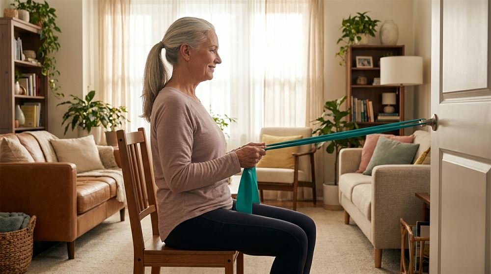 Woman in her late sixties seated on a chair doing a resistance band row anchored to a door at home