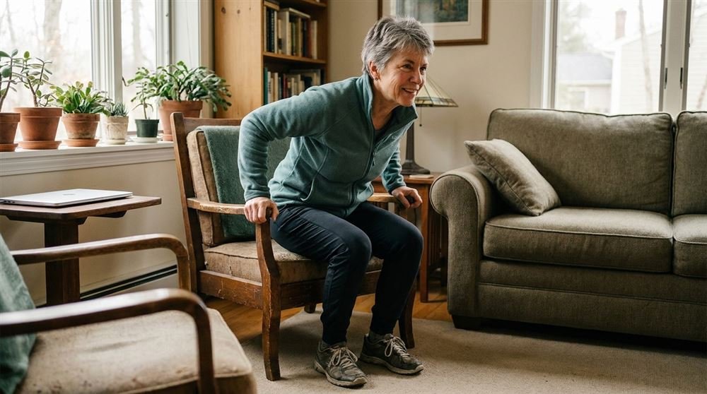 Woman in her sixties rising from a sturdy wooden chair in a bright living room during a sit-to-stand exercise