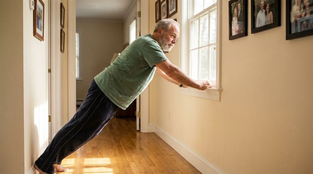 Man in his sixties with a gray beard doing an incline push-up against a window ledge in a sunlit home hallway