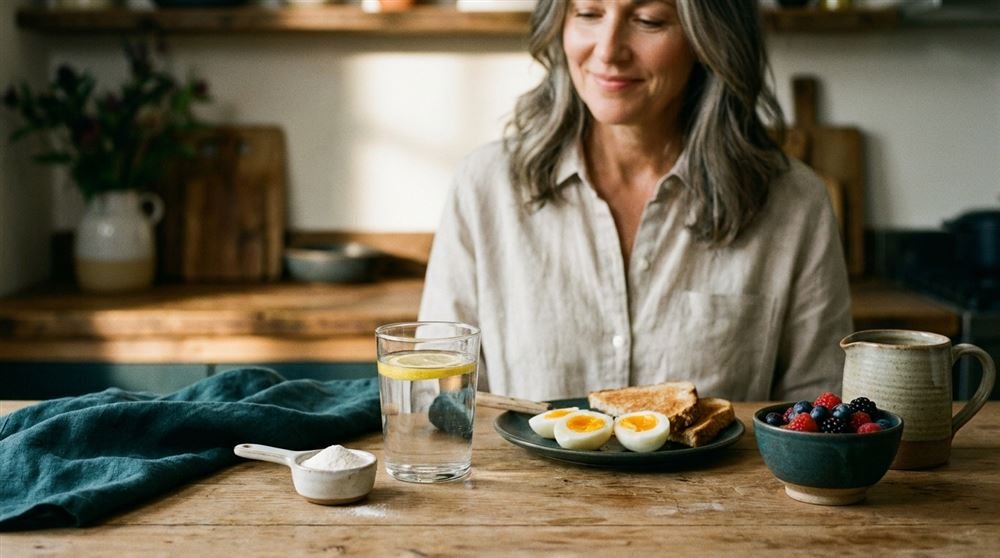 Woman in her late fifties at a sunlit kitchen table with a glass of water, a small scoop of white powder, and a breakfast of eggs and berries