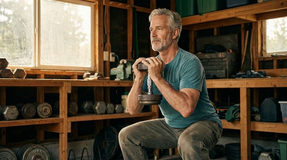 Man in his sixties with a gray beard holding a dumbbell during a goblet squat in a home garage gym
