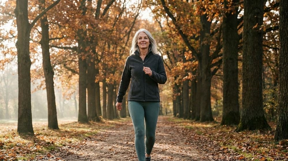 Woman in her late fifties with silver hair walking briskly on a tree-lined park path in autumn