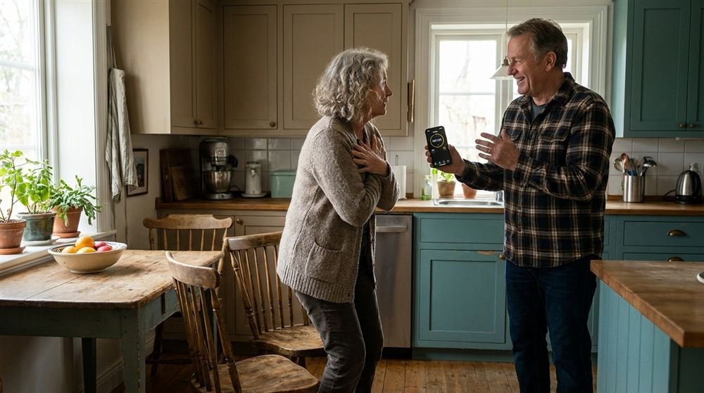 Woman in her sixties doing a chair-stand test in her kitchen while her husband times her on a smartphone