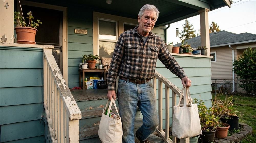Man in his sixties carrying two grocery bags down his front porch steps, holding the railing