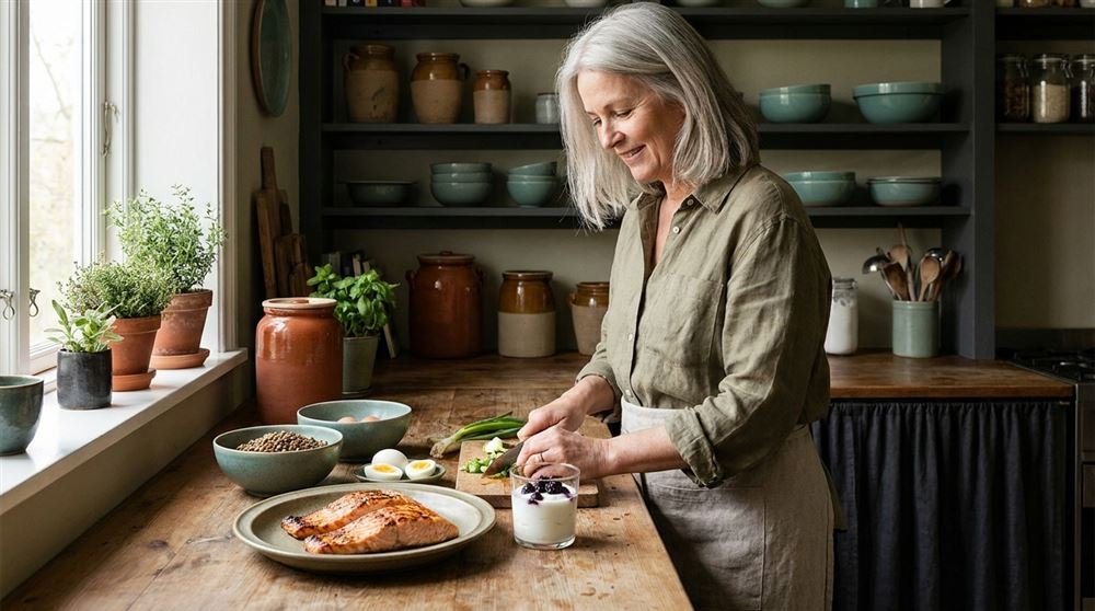 Woman in her late fifties preparing a protein-rich lunch with salmon, lentils, eggs and Greek yogurt